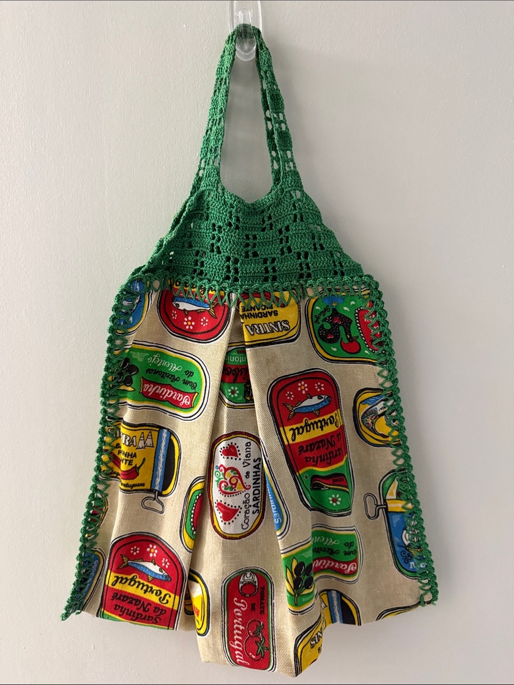 Green Handmade Crochet-Top Market Tote with Sardines Can Print Made in Portugal